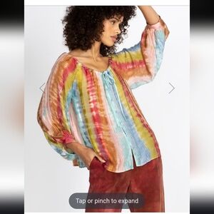 Johnny Was ×Amanda Bond Multi-Color Striped Tie-Neck Peasant Blouse